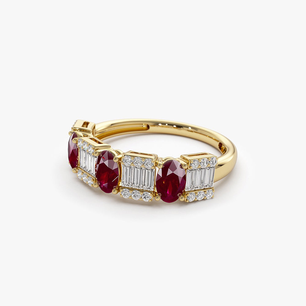 14K Baguette & Round Diamond with Genuine Ruby Ring - GeumJewels