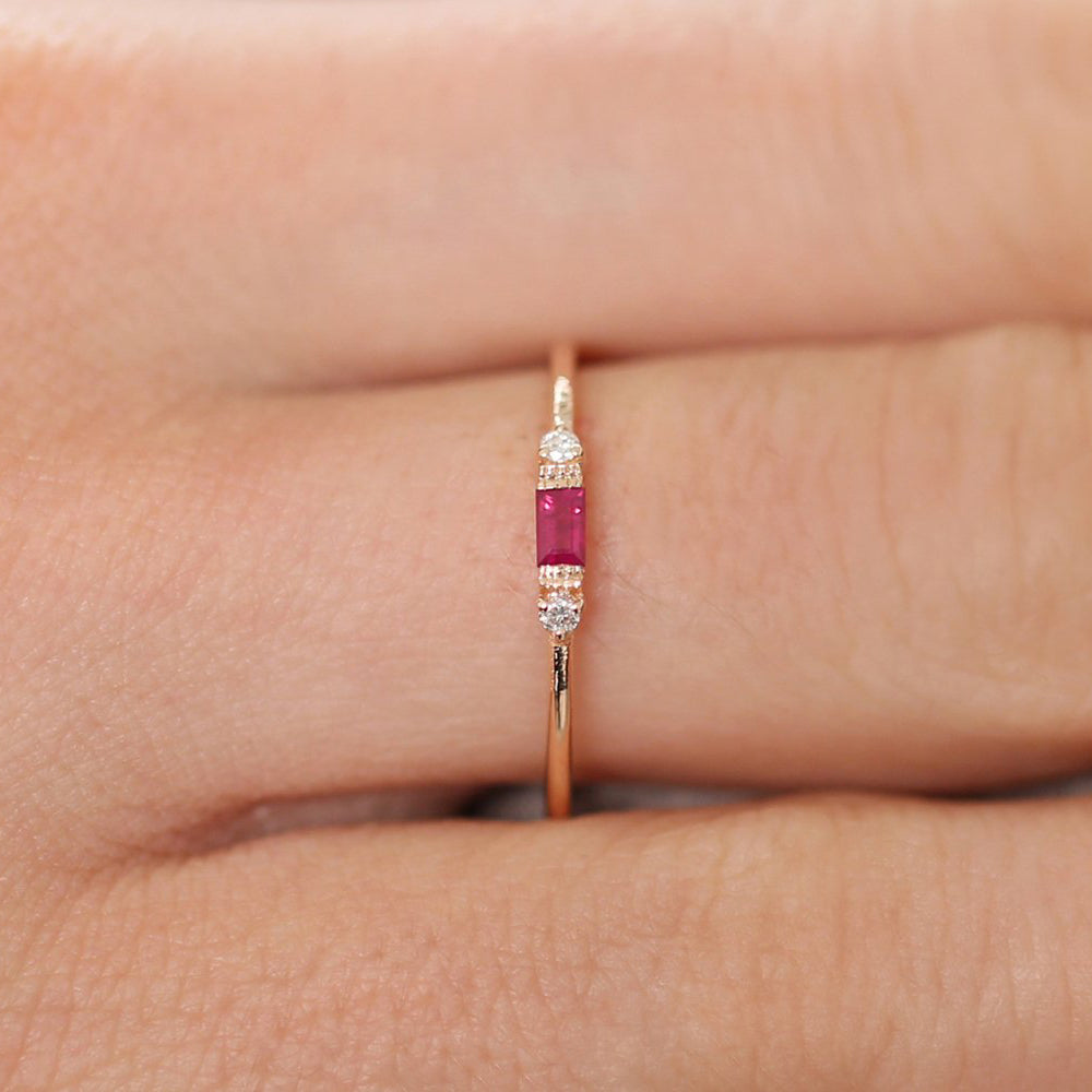14K Baguette Ruby With Diamond Ring - GeumJewels