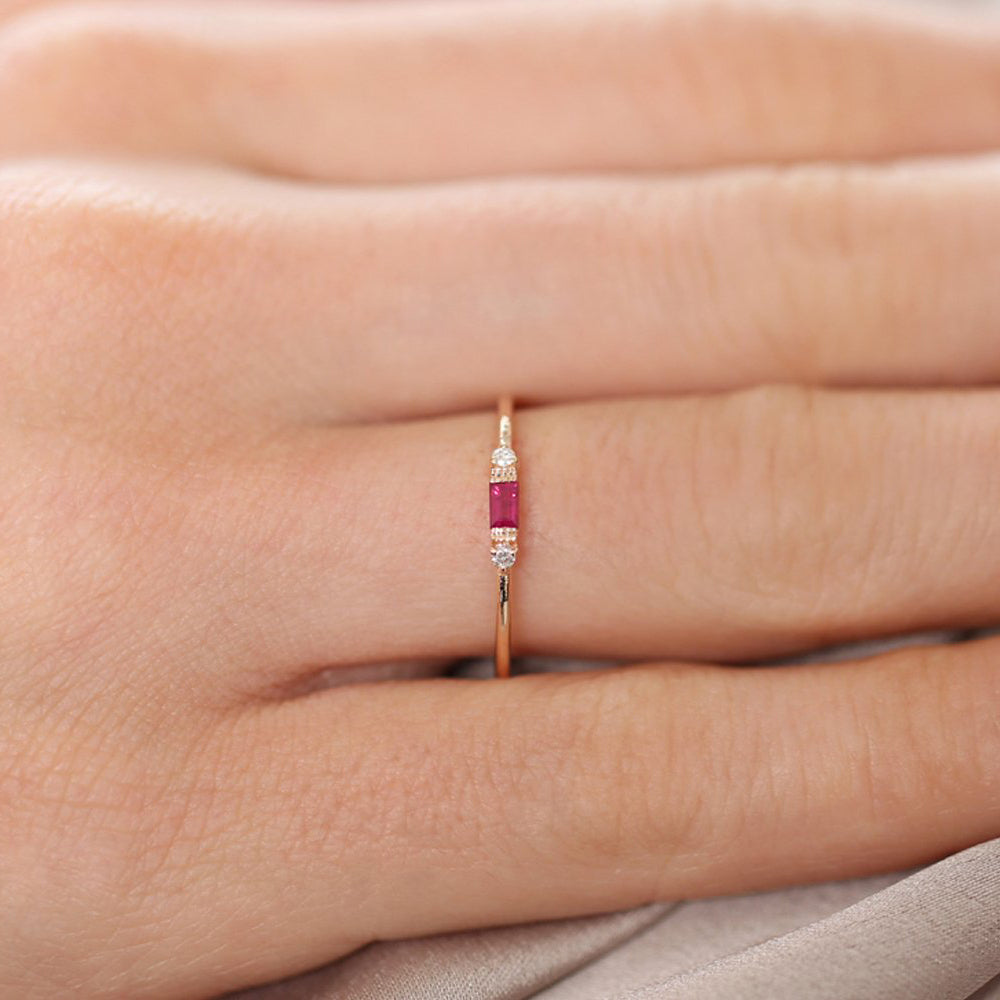 14K Baguette Ruby With Diamond Ring - GeumJewels
