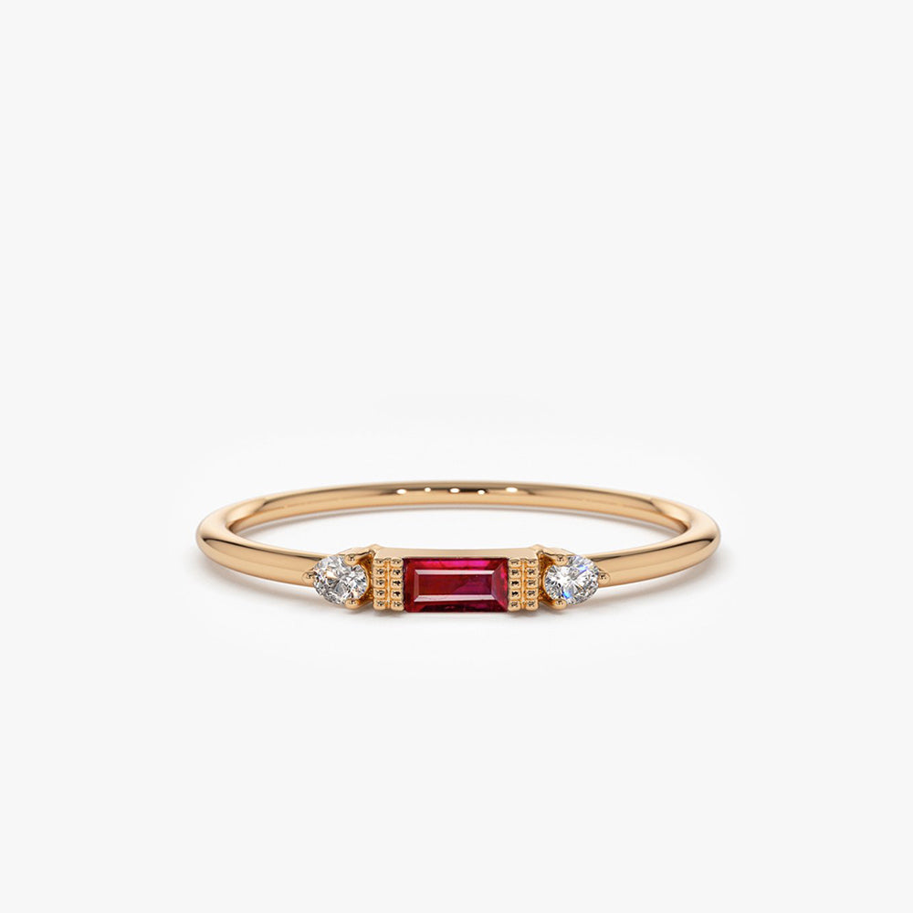 14K Baguette Ruby With Diamond Ring - GeumJewels