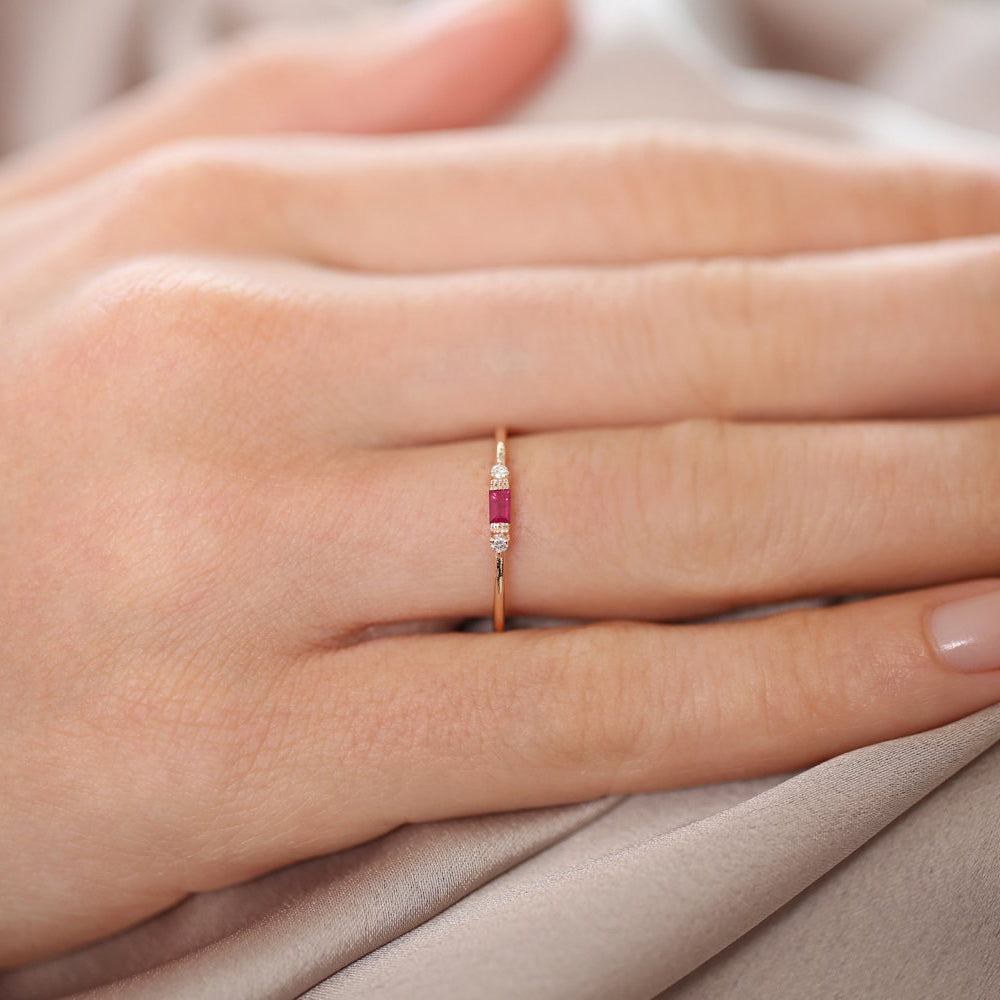14K Baguette Ruby With Diamond Ring - GeumJewels