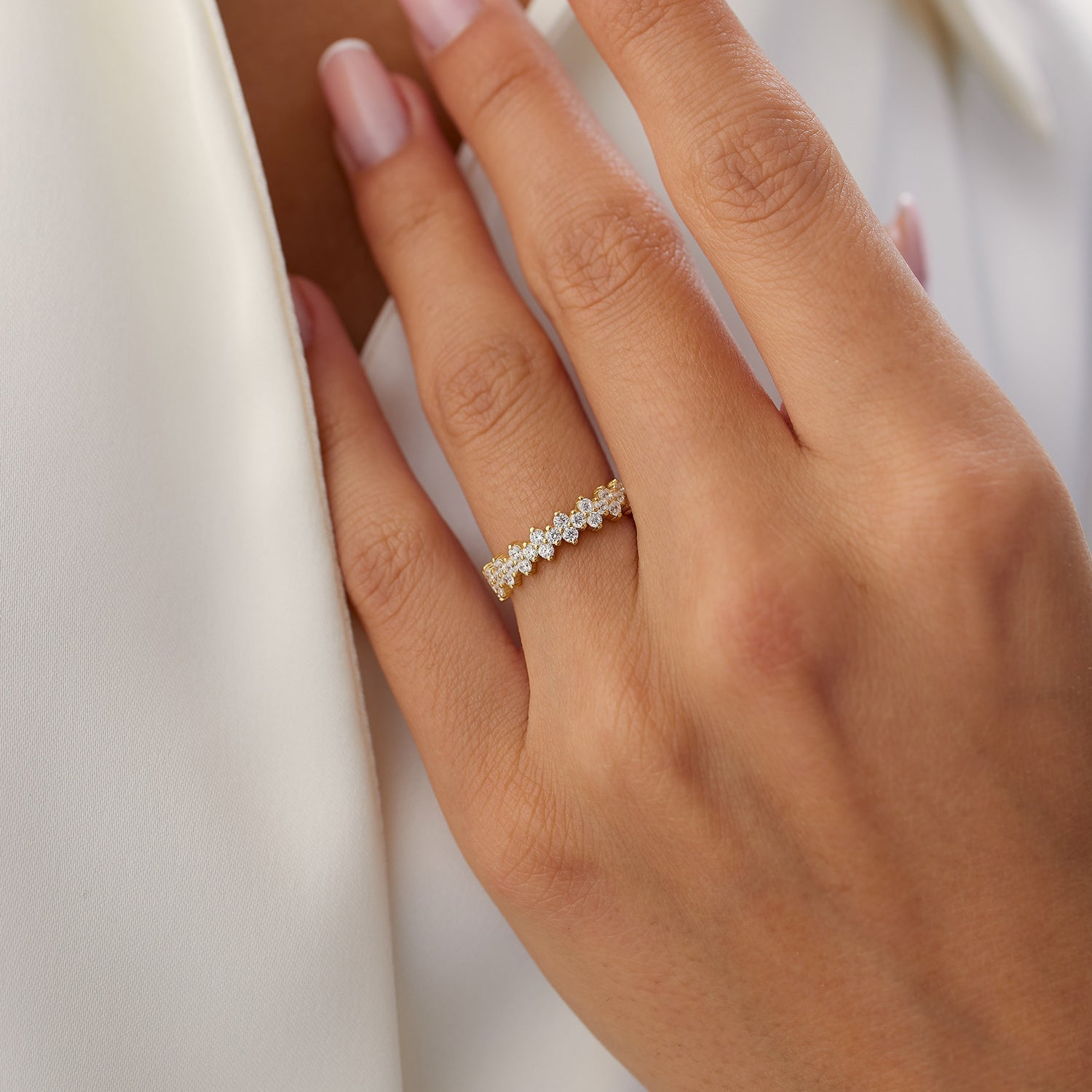 14k Cluster Diamond Half Eternity Wedding Band - GeumJewels