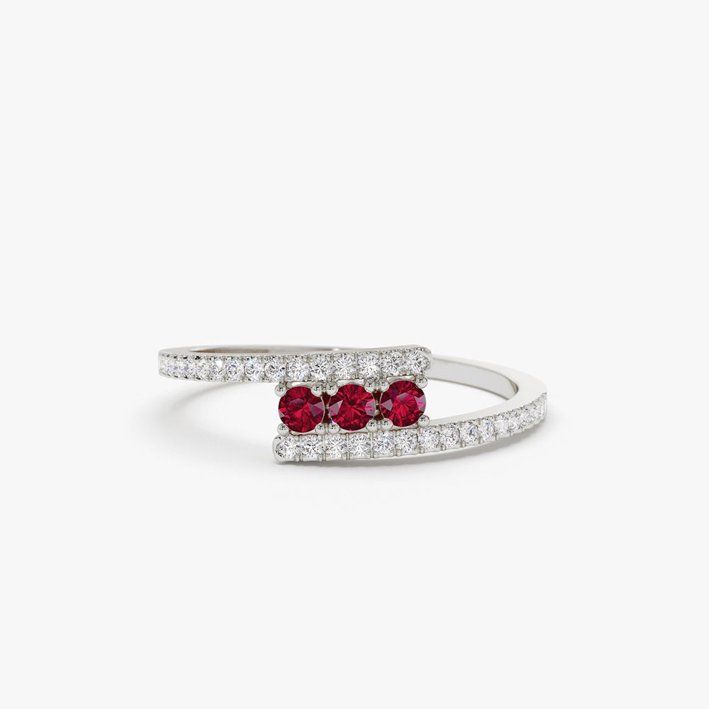 14k Cross Over Diamond Ring with Round Rubies - GeumJewels