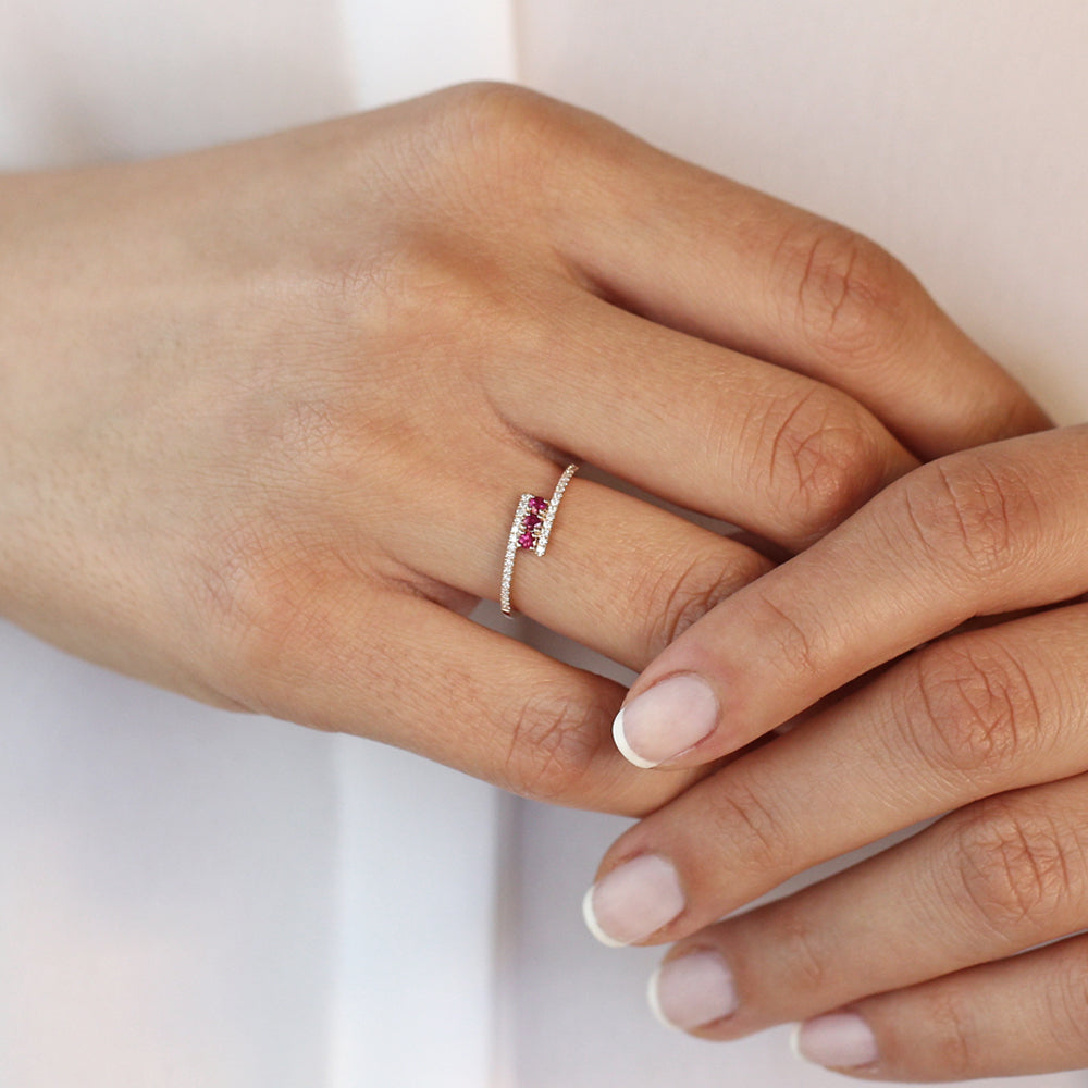 14k Cross Over Diamond Ring with Round Rubies - GeumJewels