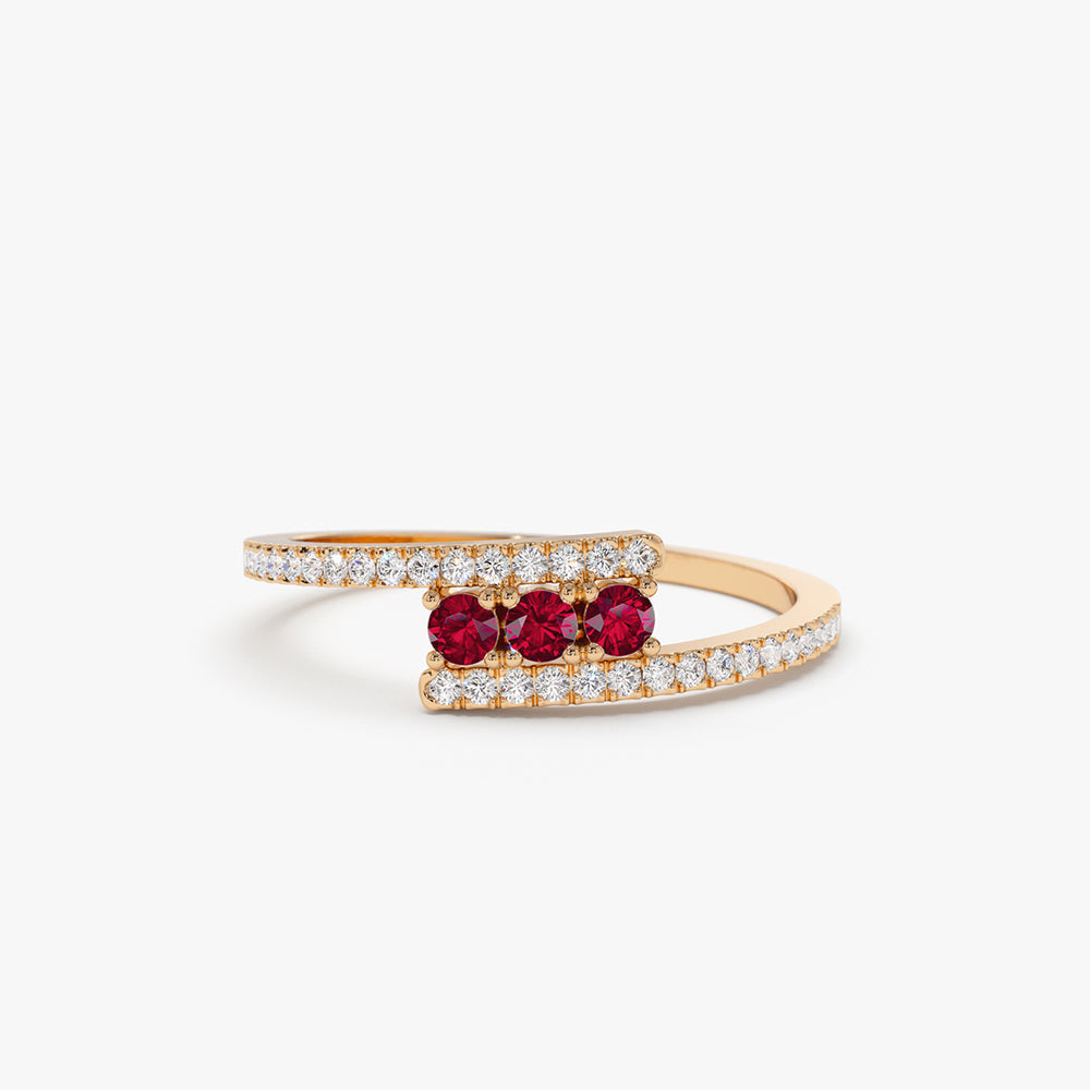 14k Cross Over Diamond Ring with Round Rubies - GeumJewels