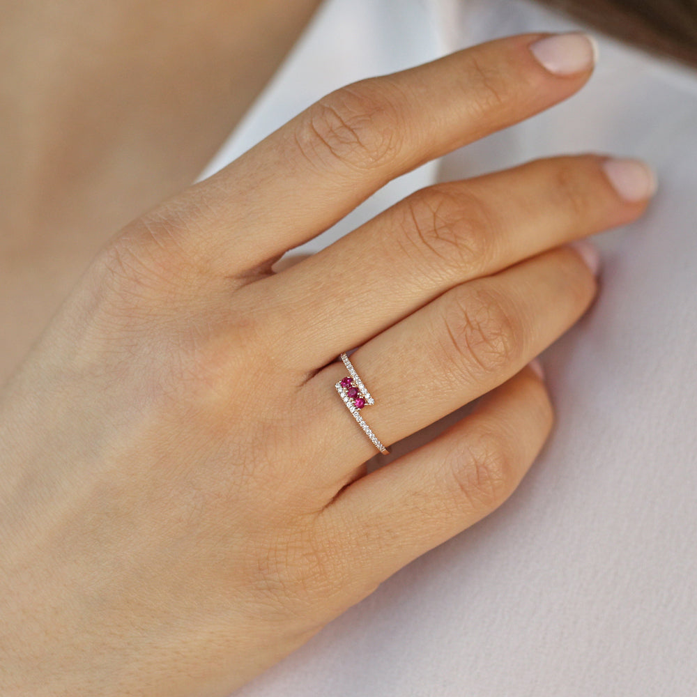 14k Cross Over Diamond Ring with Round Rubies - GeumJewels