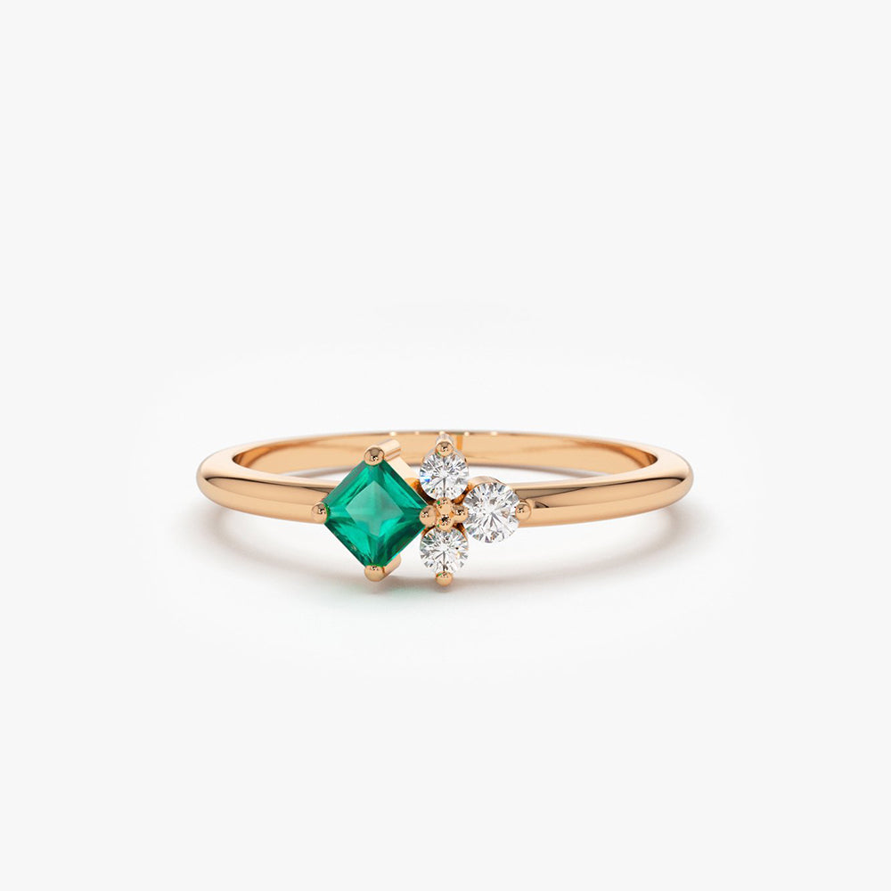 14K Dainty Princess Cut Emerald and Diamond Ring - GeumJewels