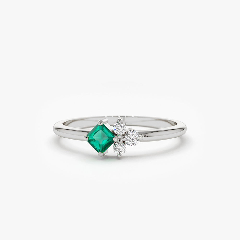 14K Dainty Princess Cut Emerald and Diamond Ring - GeumJewels