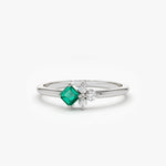 14K Dainty Princess Cut Emerald and Diamond Ring - GeumJewels