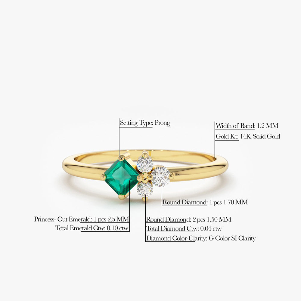 14K Dainty Princess Cut Emerald and Diamond Ring - GeumJewels