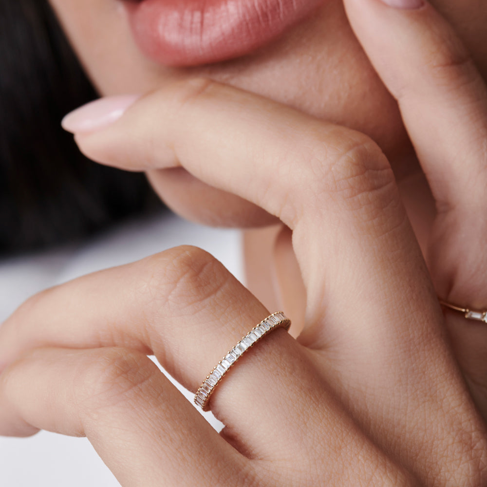 14k Dainty Stackable Full Eternity Baguette Diamond Ring - GeumJewels