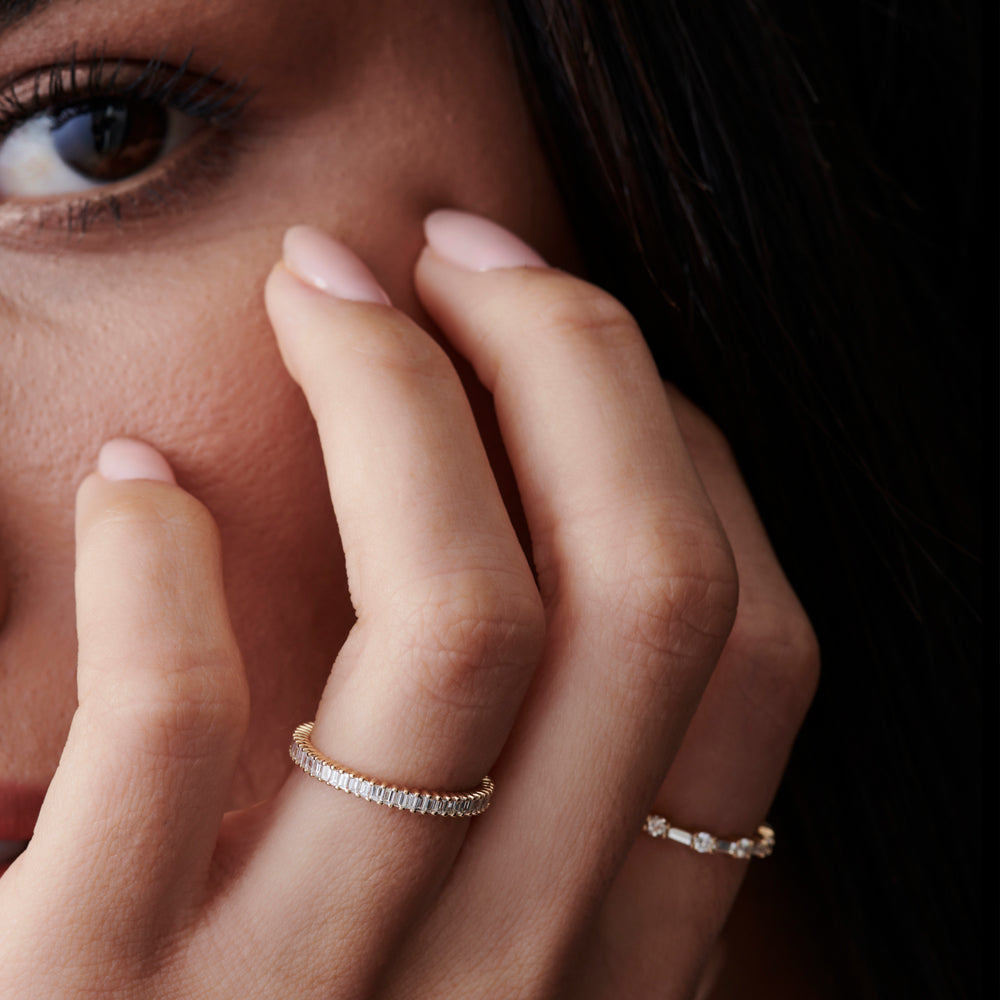 14k Dainty Stackable Full Eternity Baguette Diamond Ring - GeumJewels