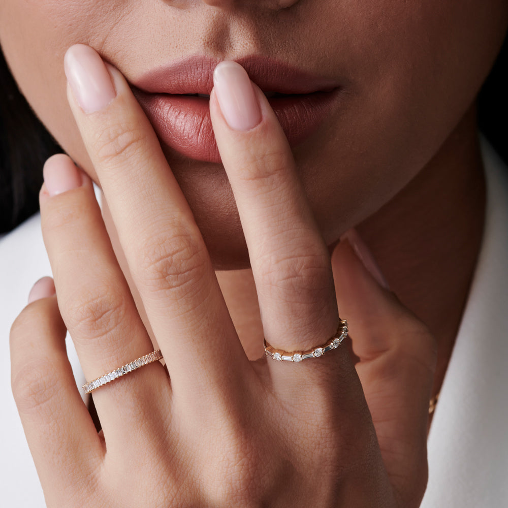 14k Dainty Stackable Full Eternity Baguette Diamond Ring - GeumJewels