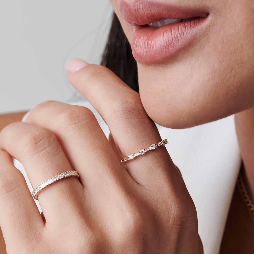 14k Dainty Stackable Full Eternity Baguette Diamond Ring - GeumJewels