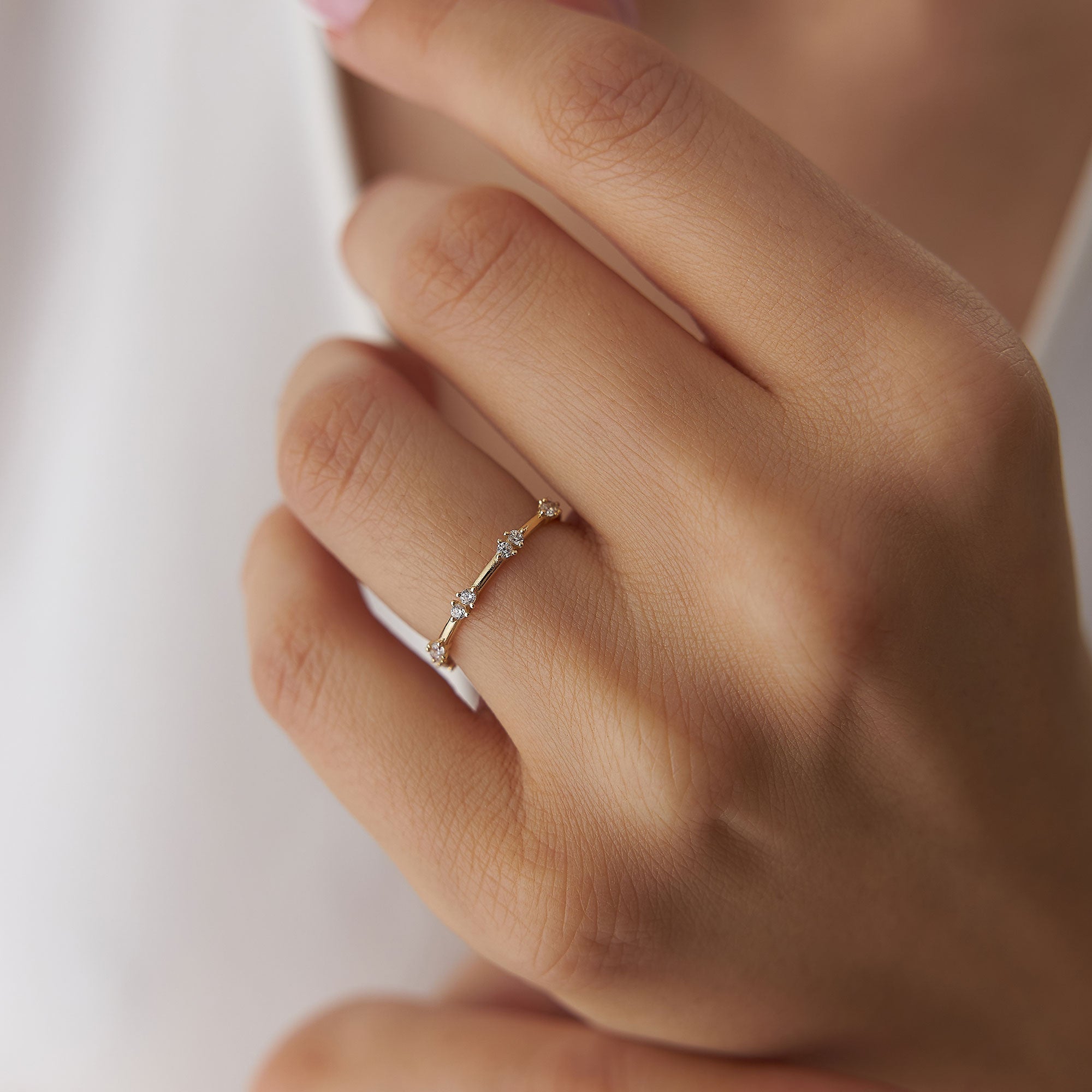 14k Dainty Stacking Diamond Wedding Band - GeumJewels