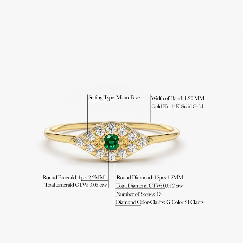 14K Diamond and Emerald Evil Eye Ring - GeumJewels