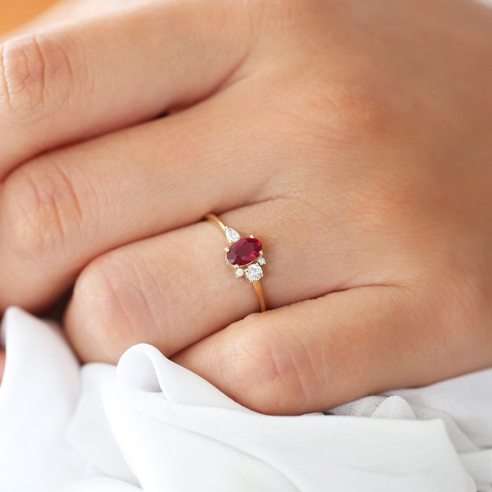 14k Diamond and Oval Ruby Ring - GeumJewels
