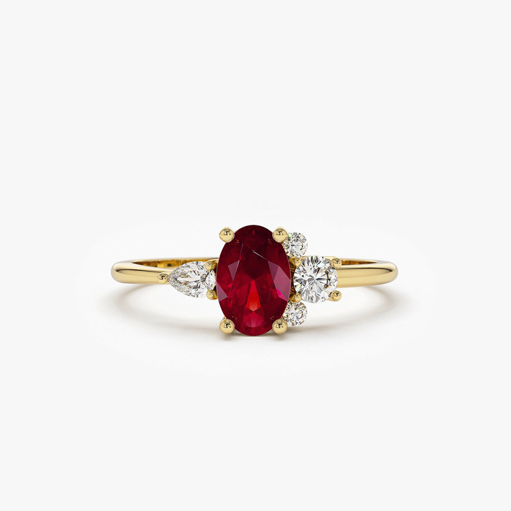 14k Diamond and Oval Ruby Ring - GeumJewels