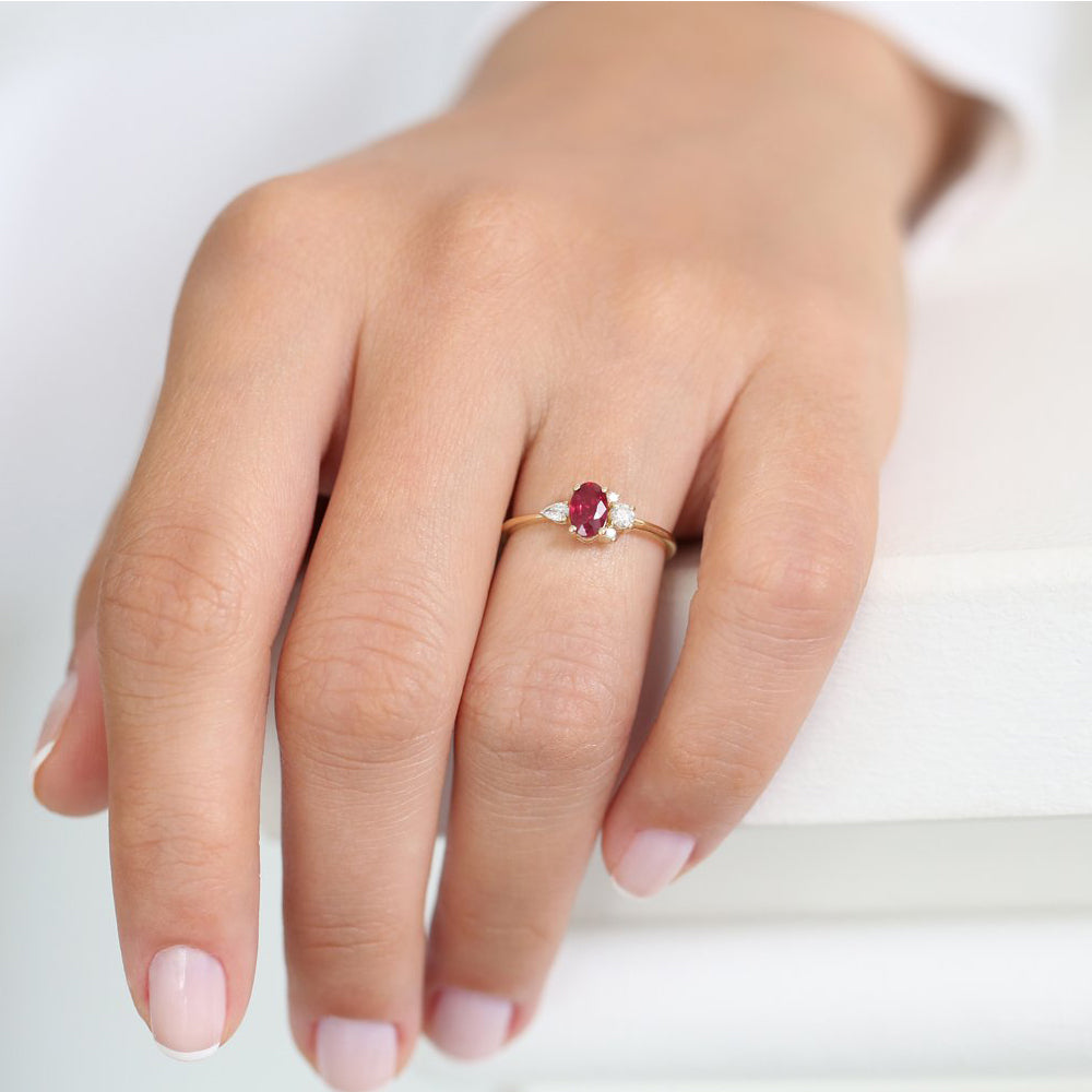 14k Diamond and Oval Ruby Ring - GeumJewels