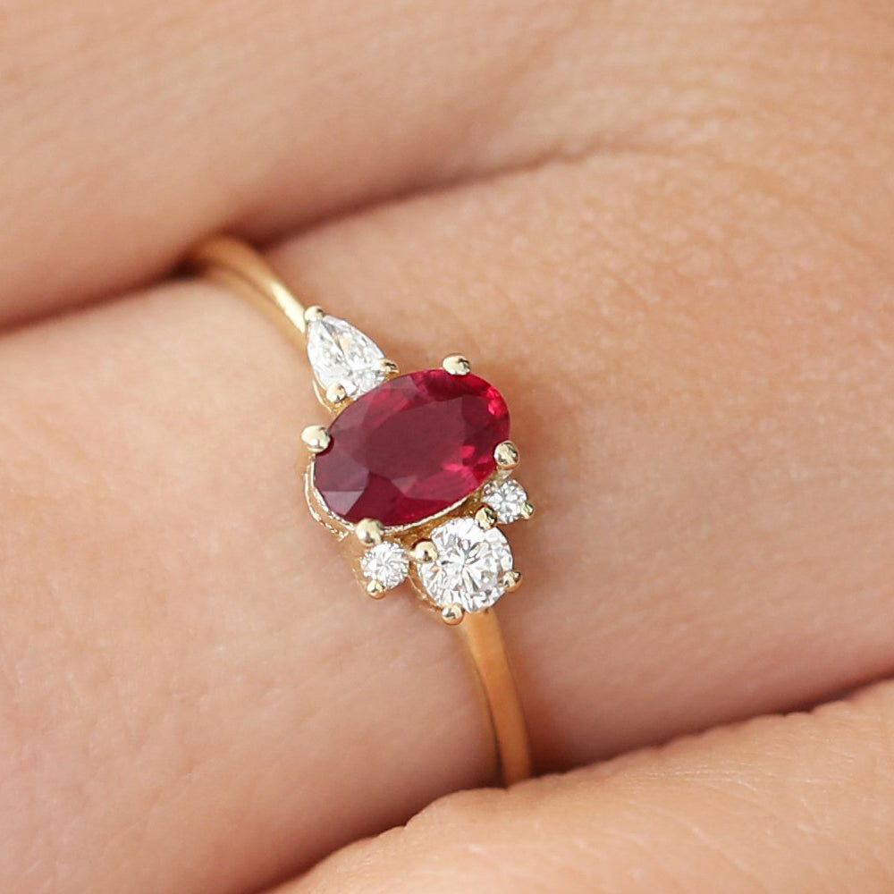 14k Diamond and Oval Ruby Ring - GeumJewels