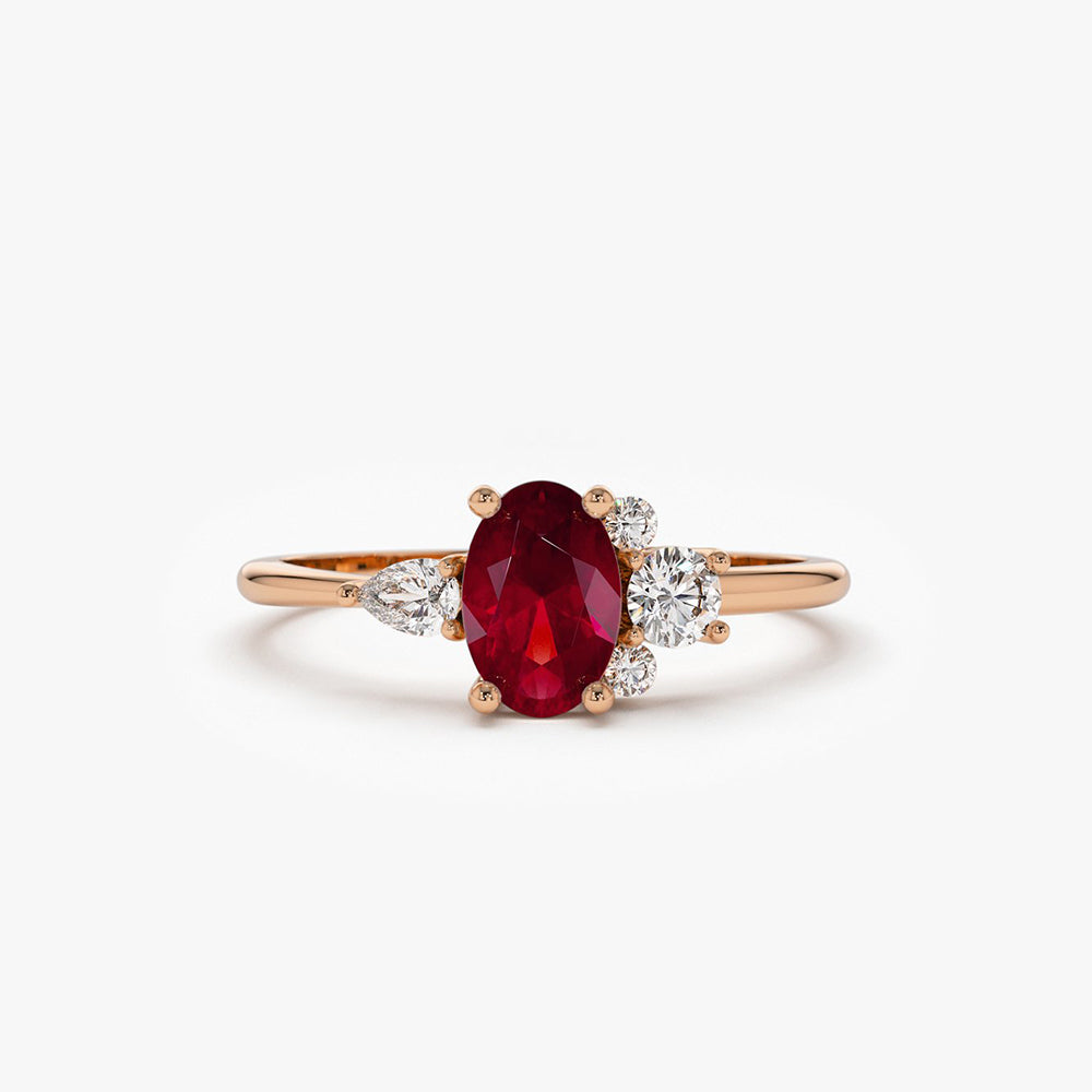 14k Diamond and Oval Ruby Ring - GeumJewels