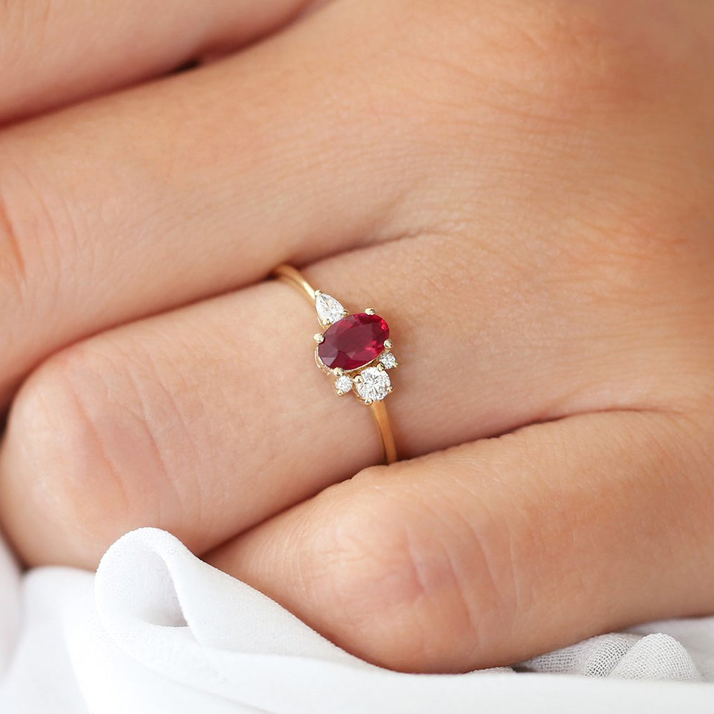 14k Diamond and Oval Ruby Ring - GeumJewels