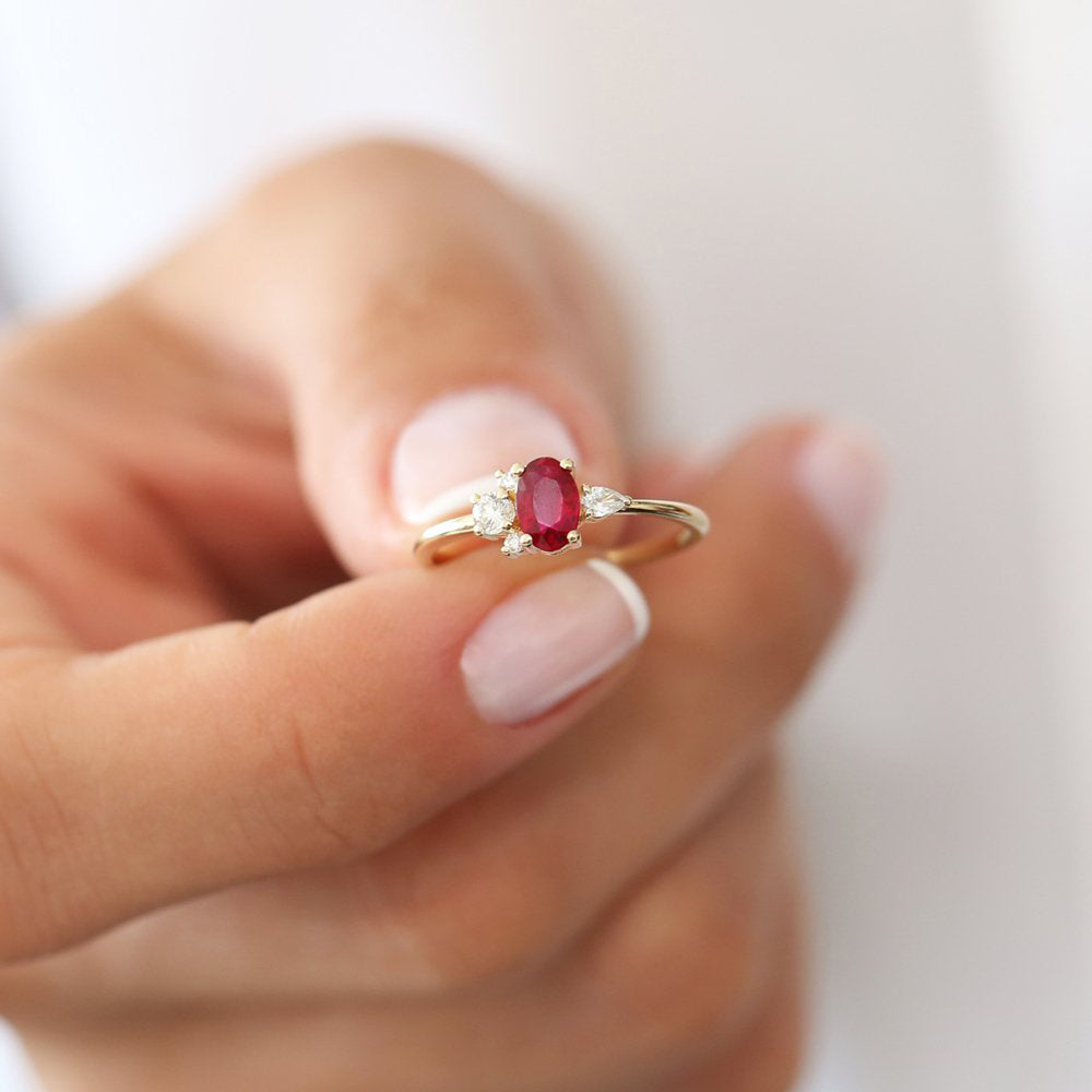 14k Diamond and Oval Ruby Ring - GeumJewels