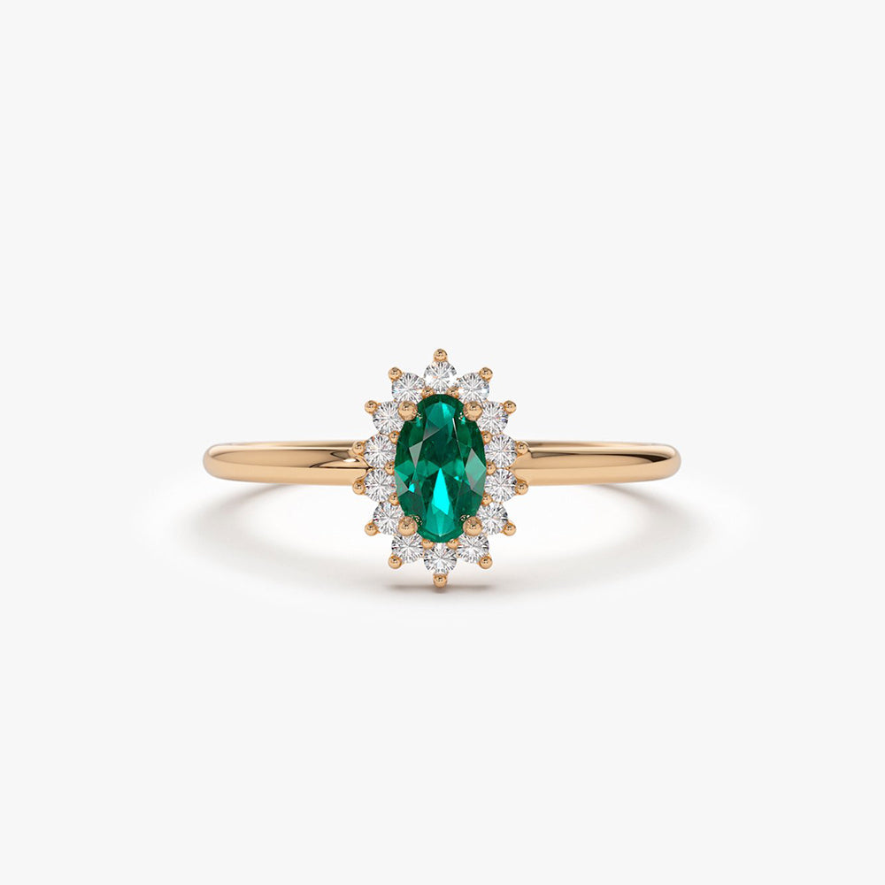 14k Emerald Ring with Halo Diamonds - GeumJewels