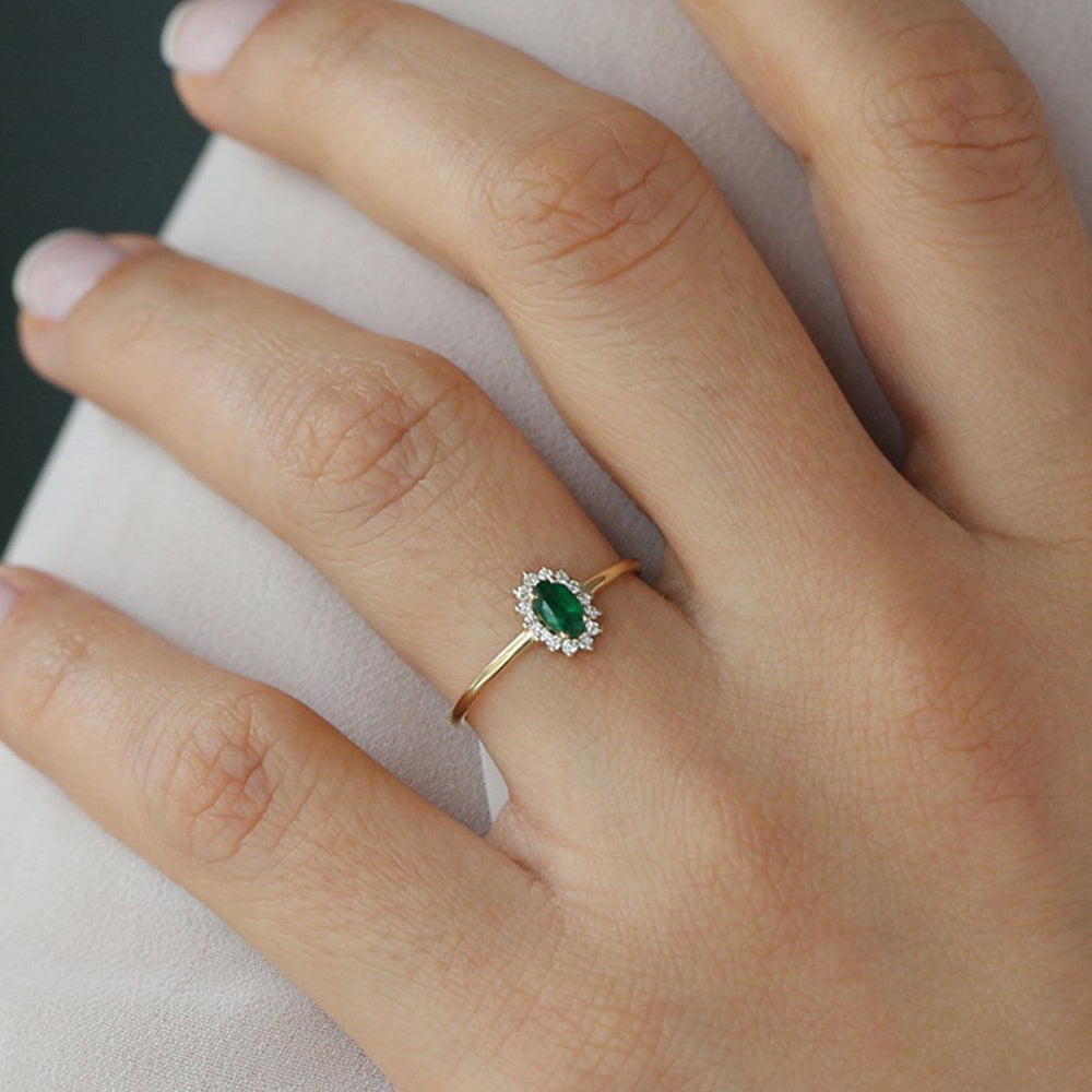 14k Emerald Ring with Halo Diamonds - GeumJewels
