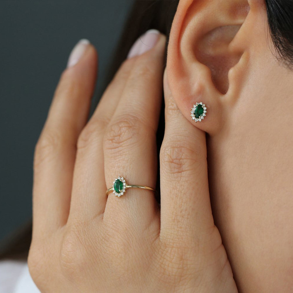 14k Emerald Ring with Halo Diamonds - GeumJewels