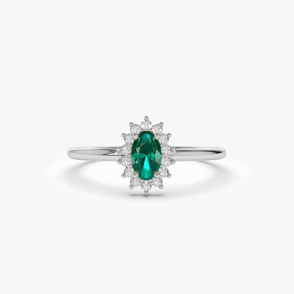 14k Emerald Ring with Halo Diamonds - GeumJewels