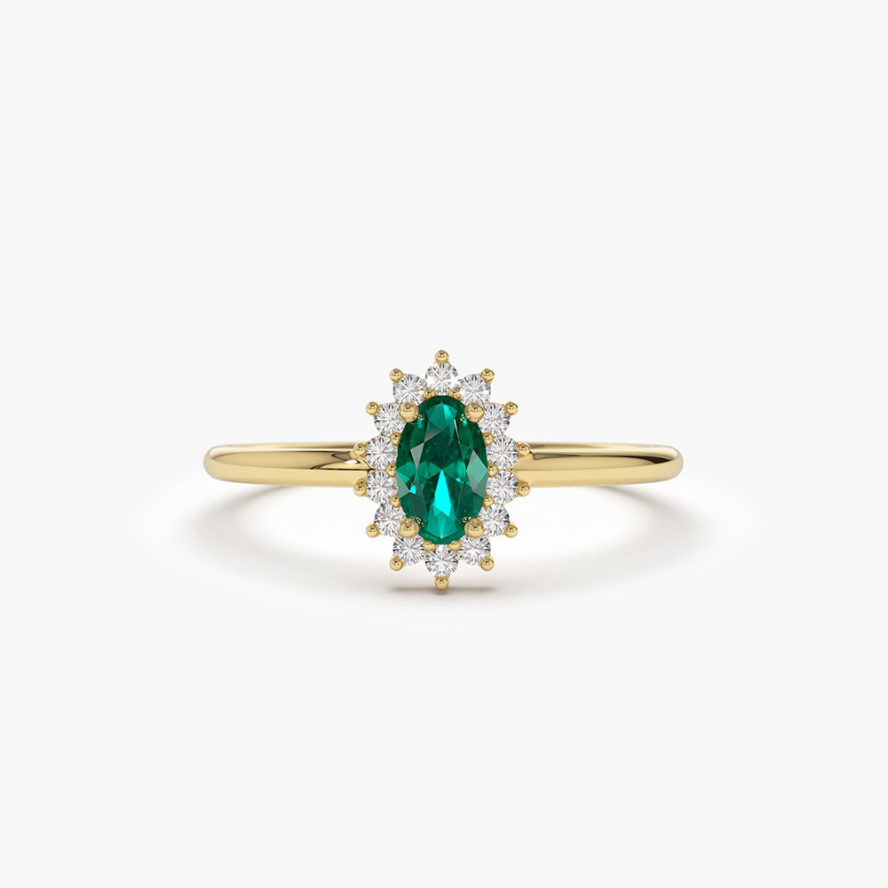 14k Emerald Ring with Halo Diamonds - GeumJewels