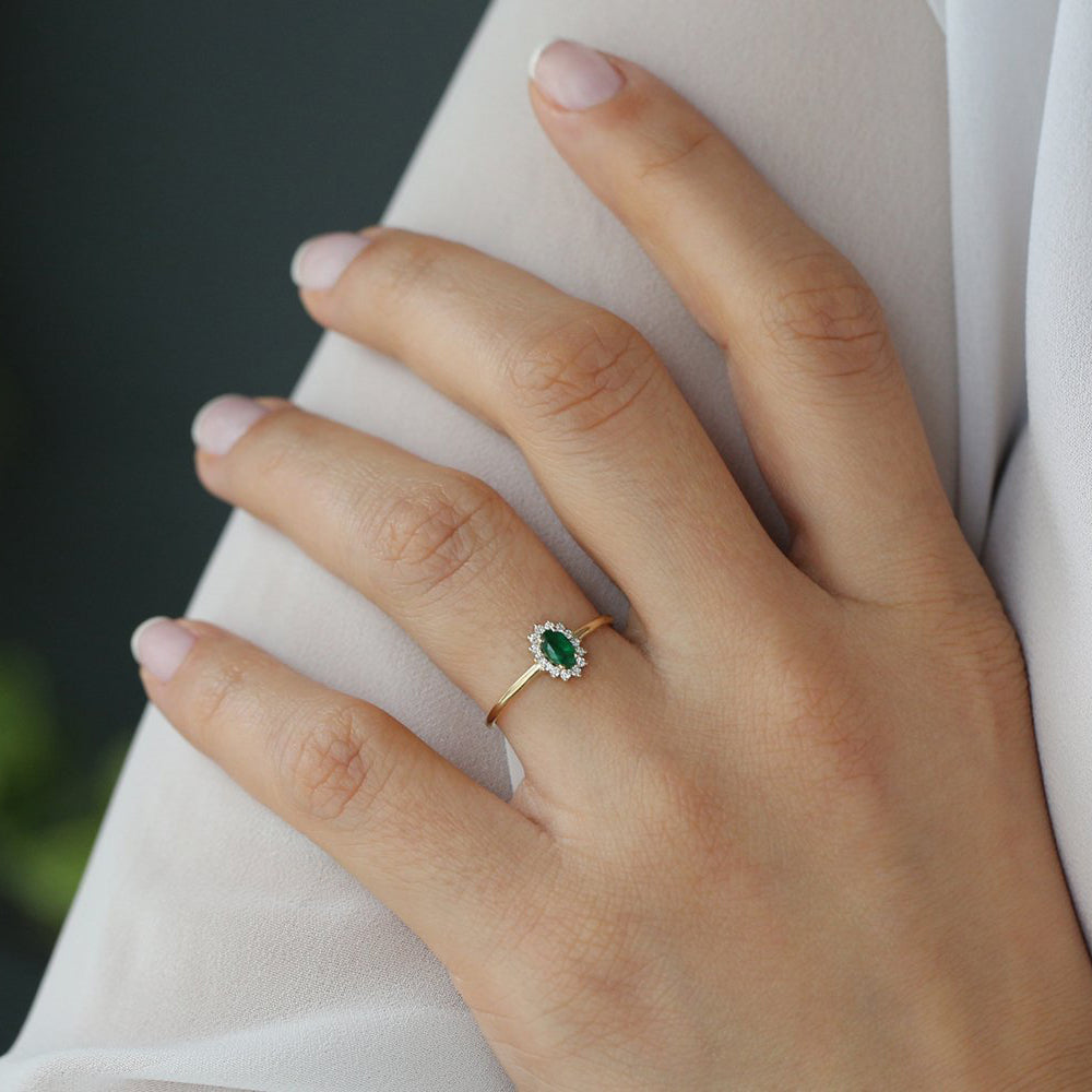 14k Emerald Ring with Halo Diamonds - GeumJewels