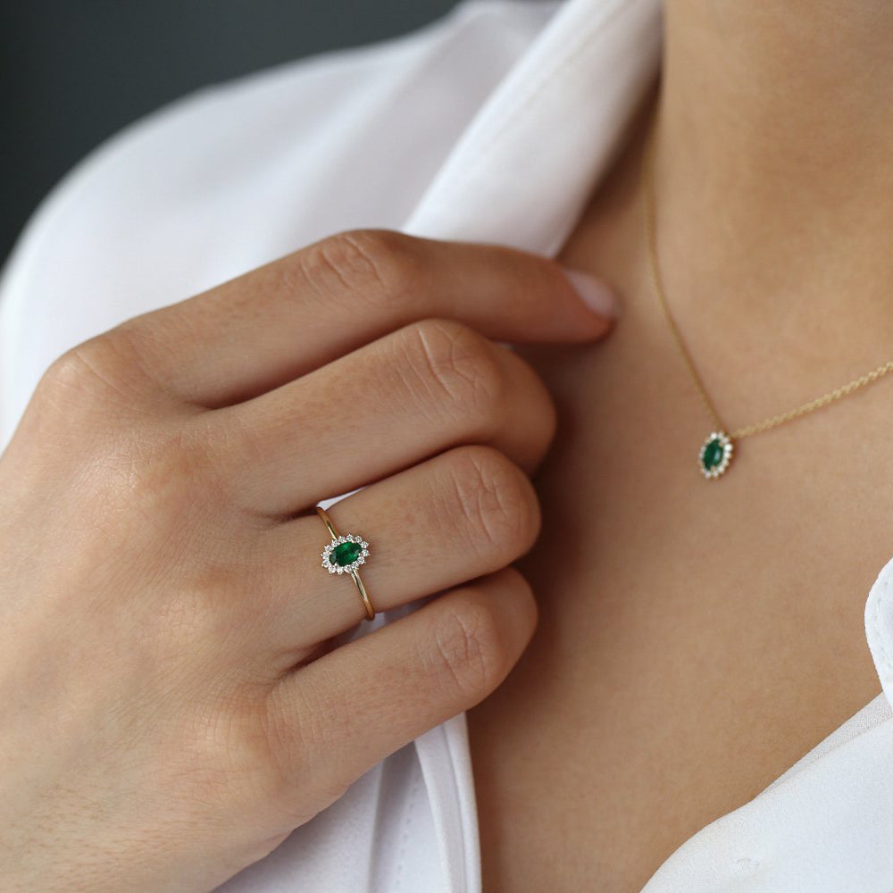 14k Emerald Ring with Halo Diamonds - GeumJewels