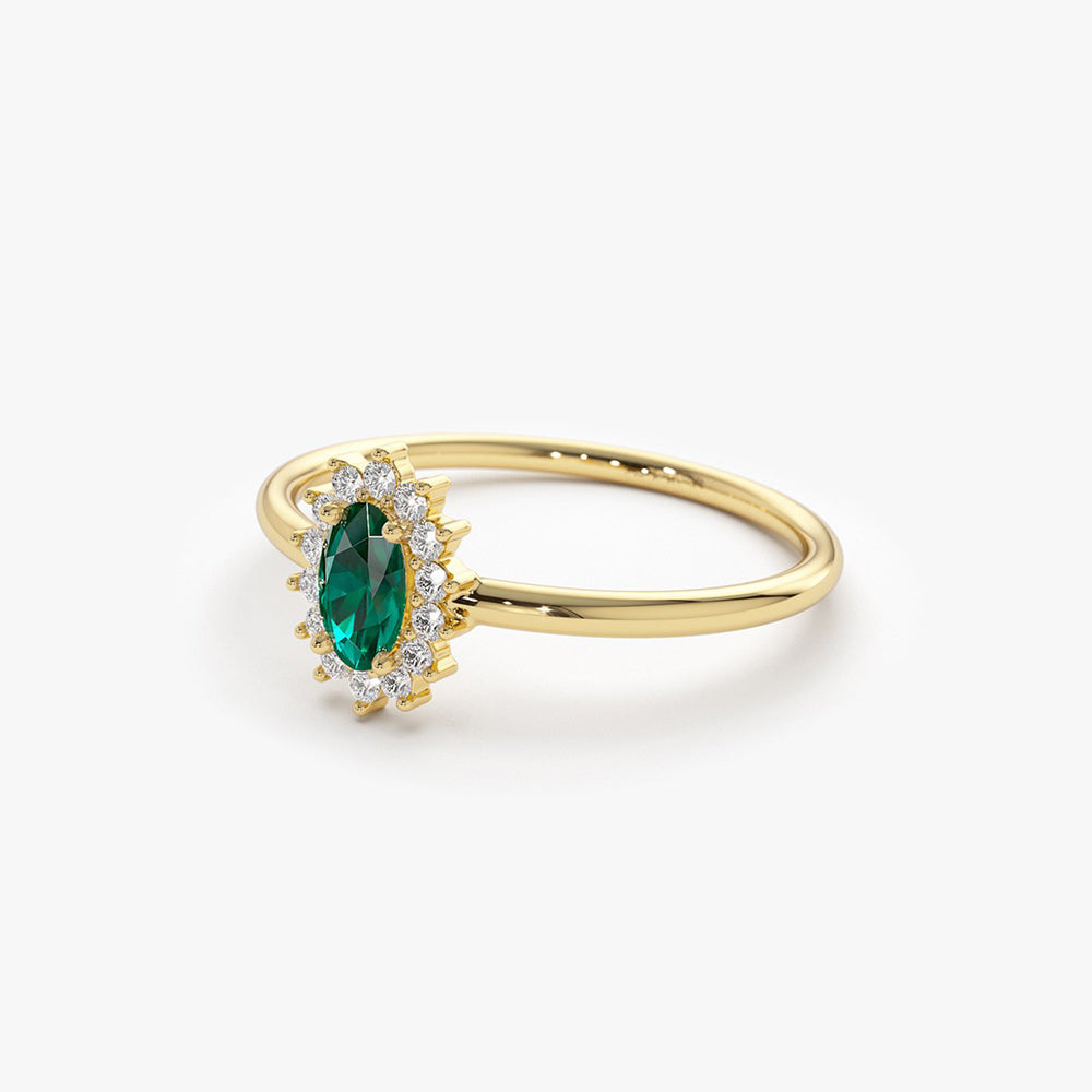 14k Emerald Ring with Halo Diamonds - GeumJewels