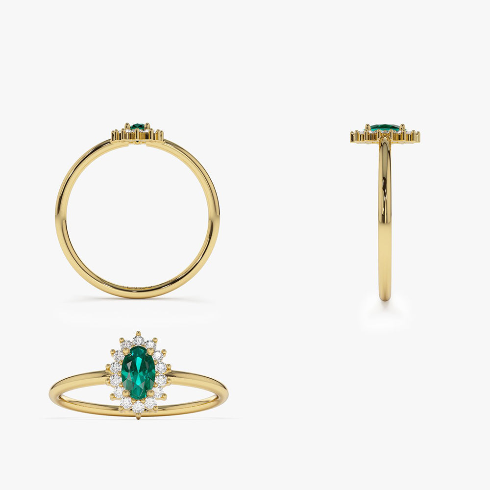14k Emerald Ring with Halo Diamonds - GeumJewels