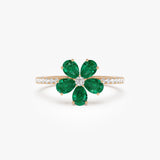 14K Five-Leaf Emerald and Diamond Ring - GeumJewels
