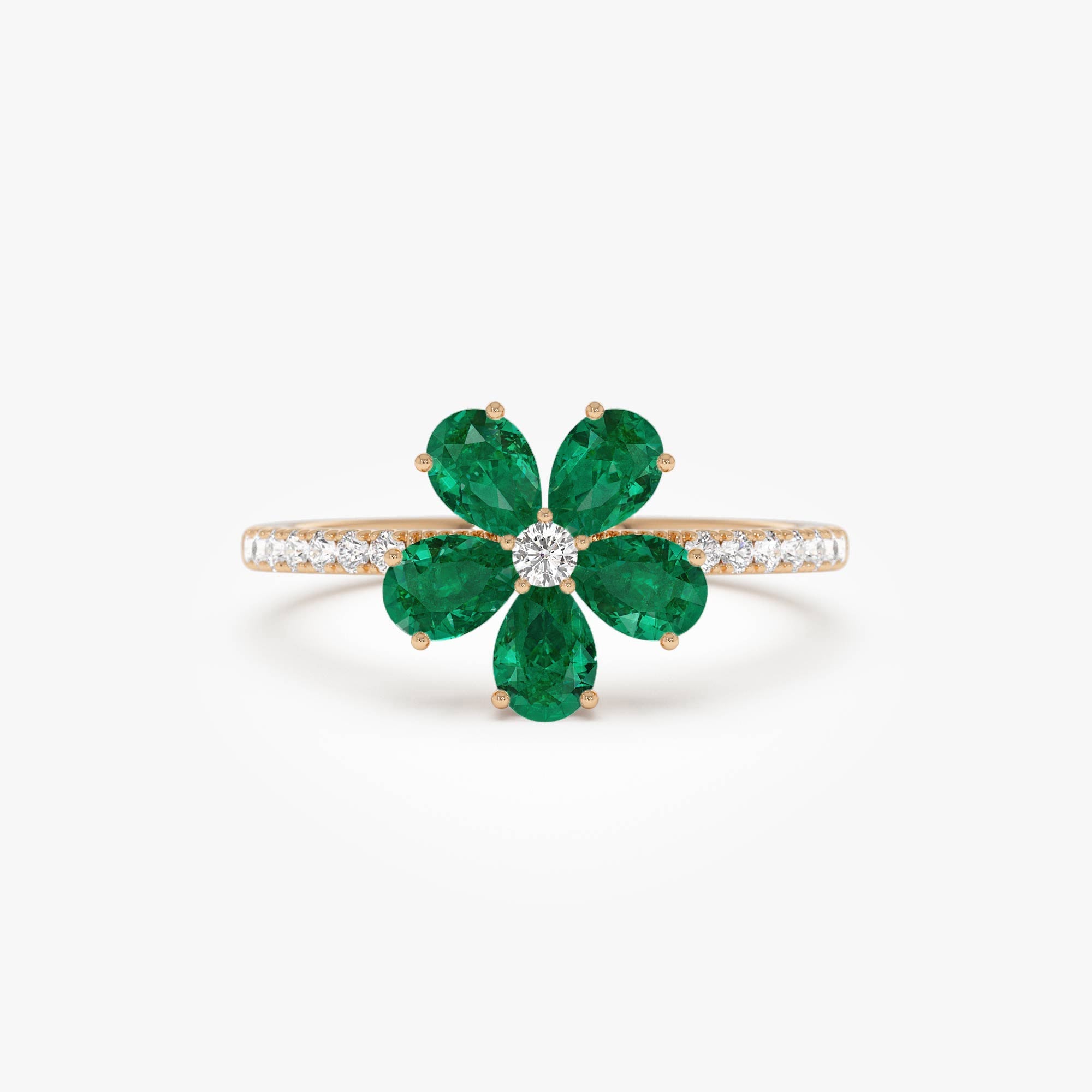 14K Five-Leaf Emerald and Diamond Ring - GeumJewels