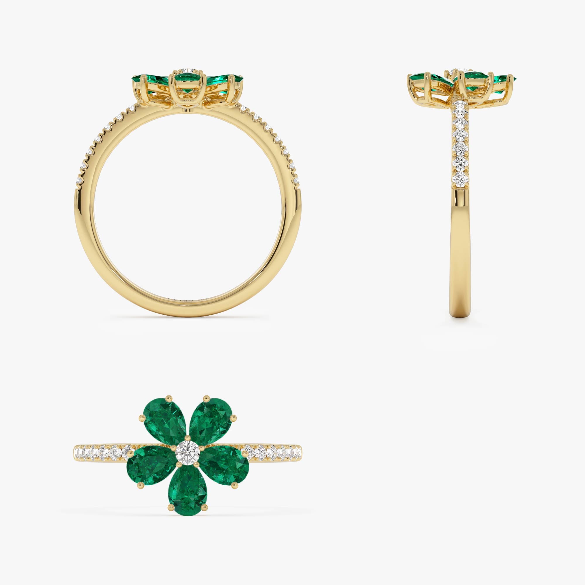 14K Five-Leaf Emerald and Diamond Ring - GeumJewels