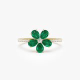 14K Five-Leaf Emerald and Diamond Ring - GeumJewels