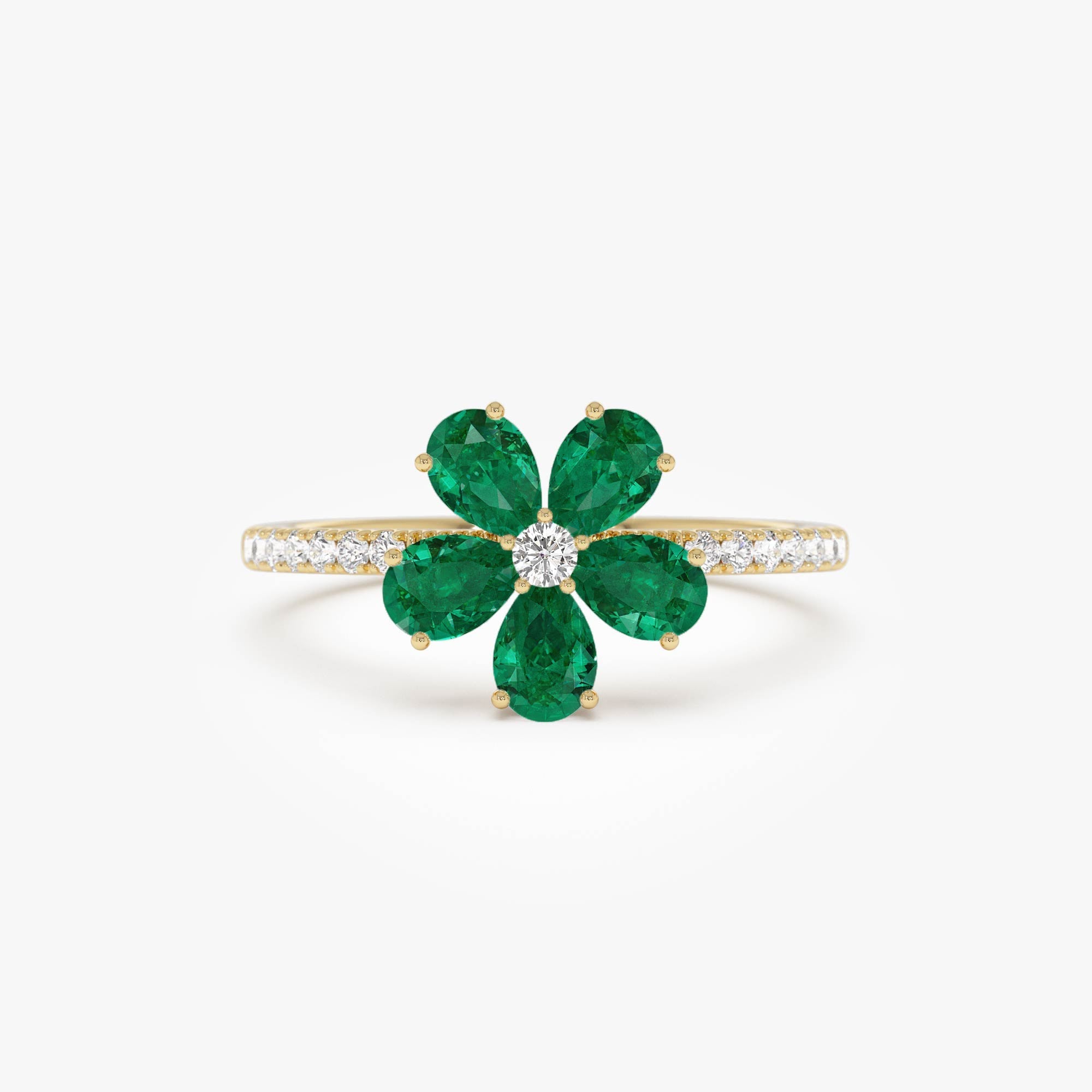 14K Five-Leaf Emerald and Diamond Ring - GeumJewels