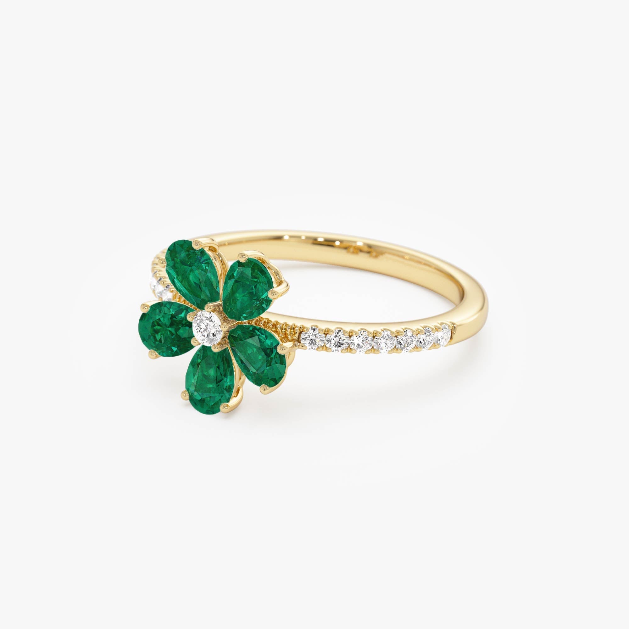 14K Five-Leaf Emerald and Diamond Ring - GeumJewels