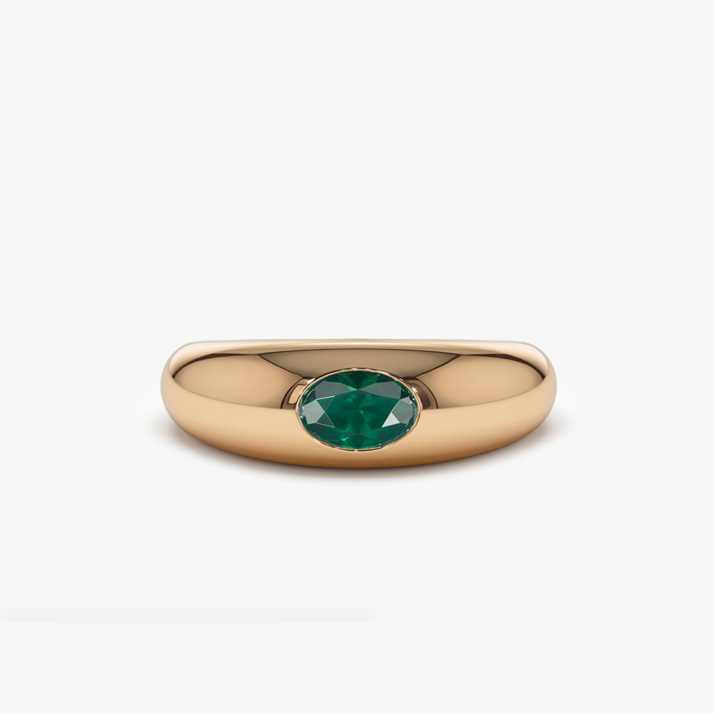 14k Flush Set Oval Emerald Dome Ring - GeumJewels