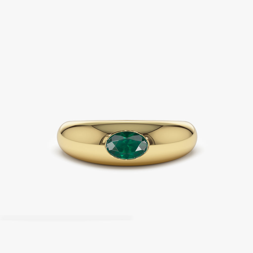 14k Flush Set Oval Emerald Dome Ring - GeumJewels