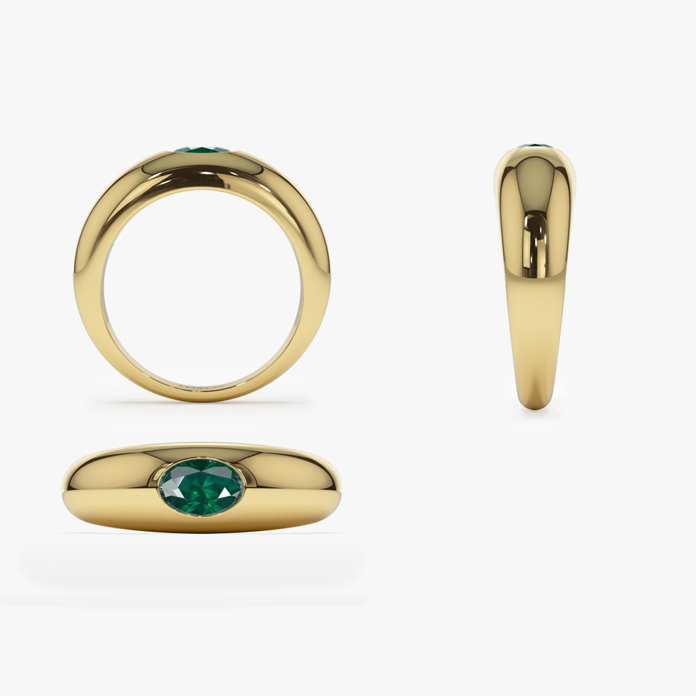 14k Flush Set Oval Emerald Dome Ring - GeumJewels