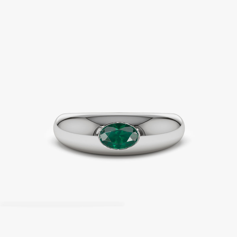 14k Flush Set Oval Emerald Dome Ring - GeumJewels