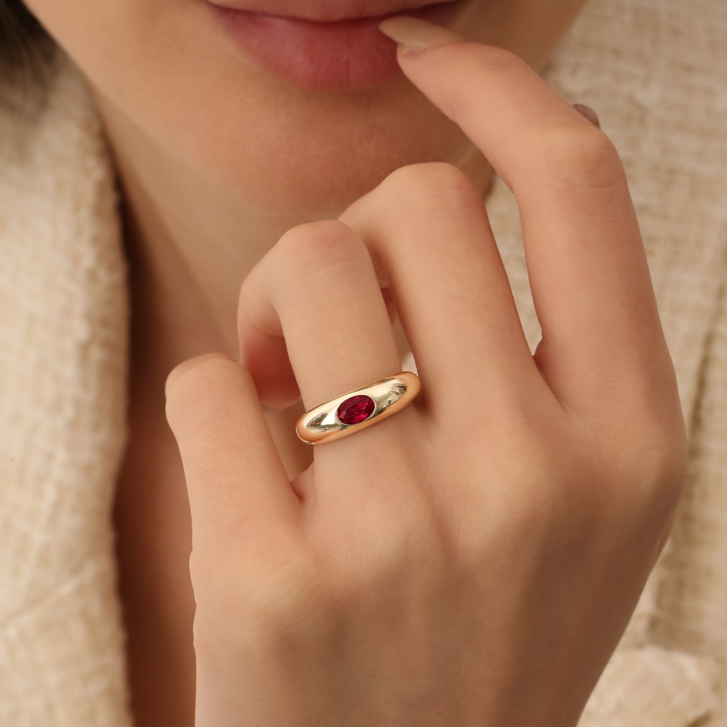 14k Flush Set Oval Ruby Dome Ring - GeumJewels