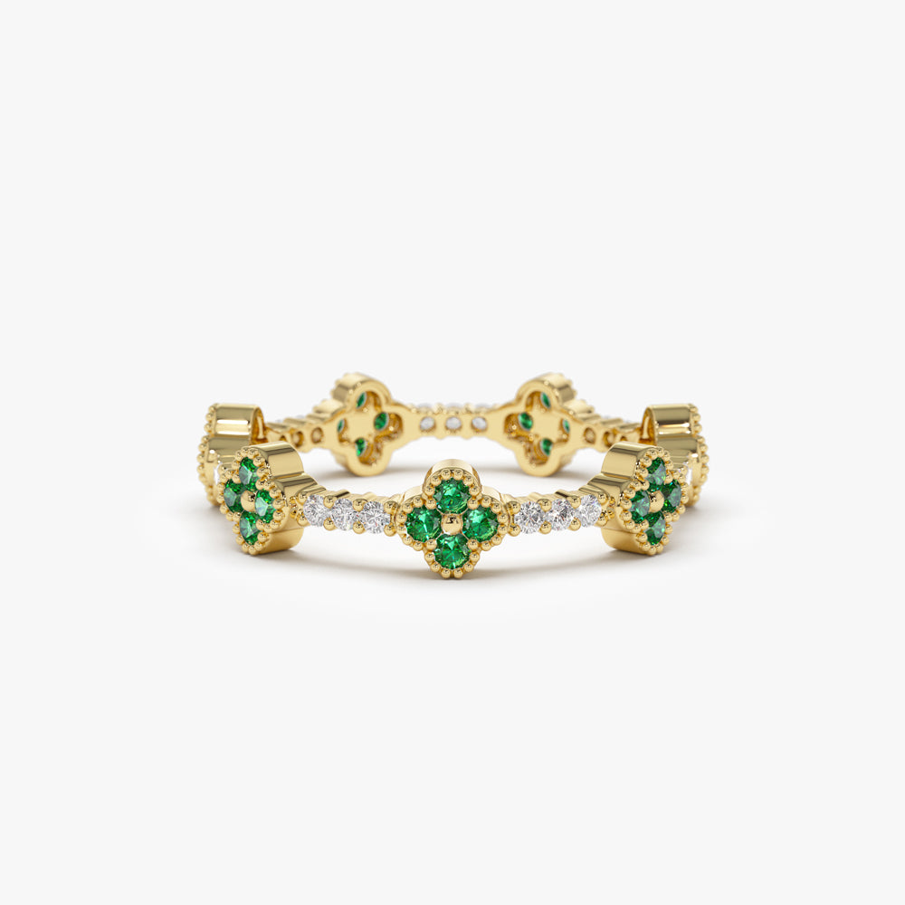 14k Full Eternity Clover Emerald and Diamond Ring - GeumJewels