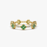 14k Full Eternity Clover Emerald and Diamond Ring - GeumJewels