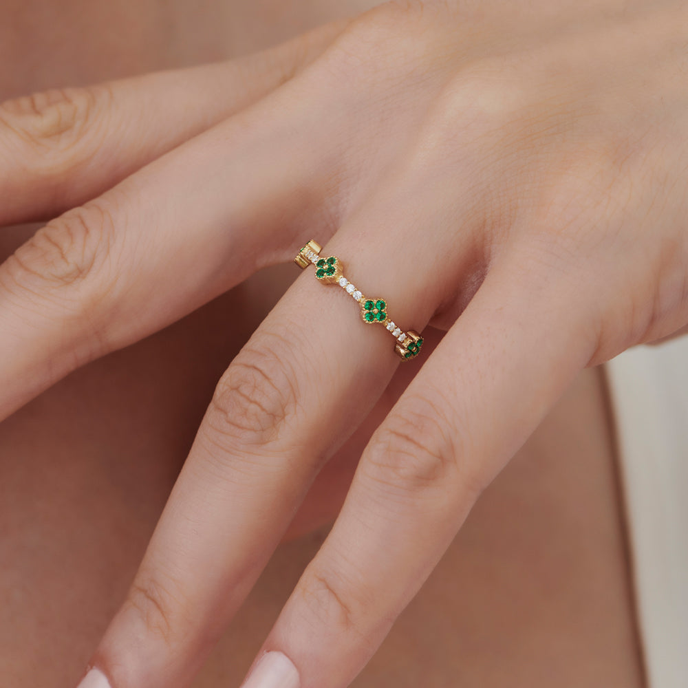 14k Full Eternity Clover Emerald and Diamond Ring - GeumJewels